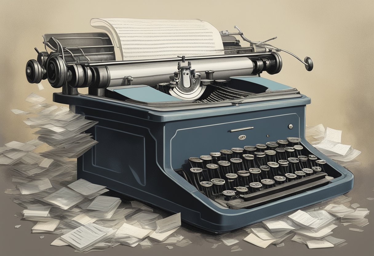 A translucent figure emerges from an old typewriter, surrounded by fading letters and a sense of abandonment