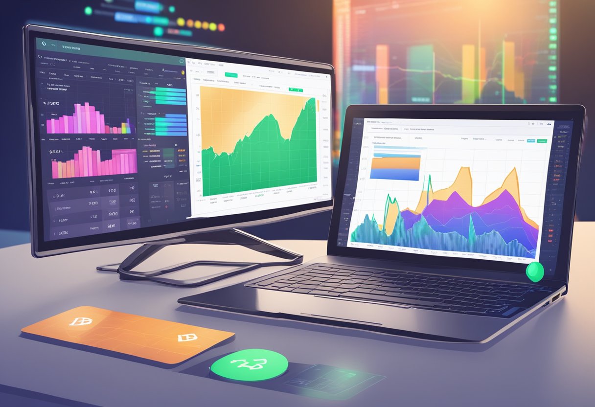 A computer screen displays cryptocurrency charts and graphs, with a digital wallet and blockchain network in the background