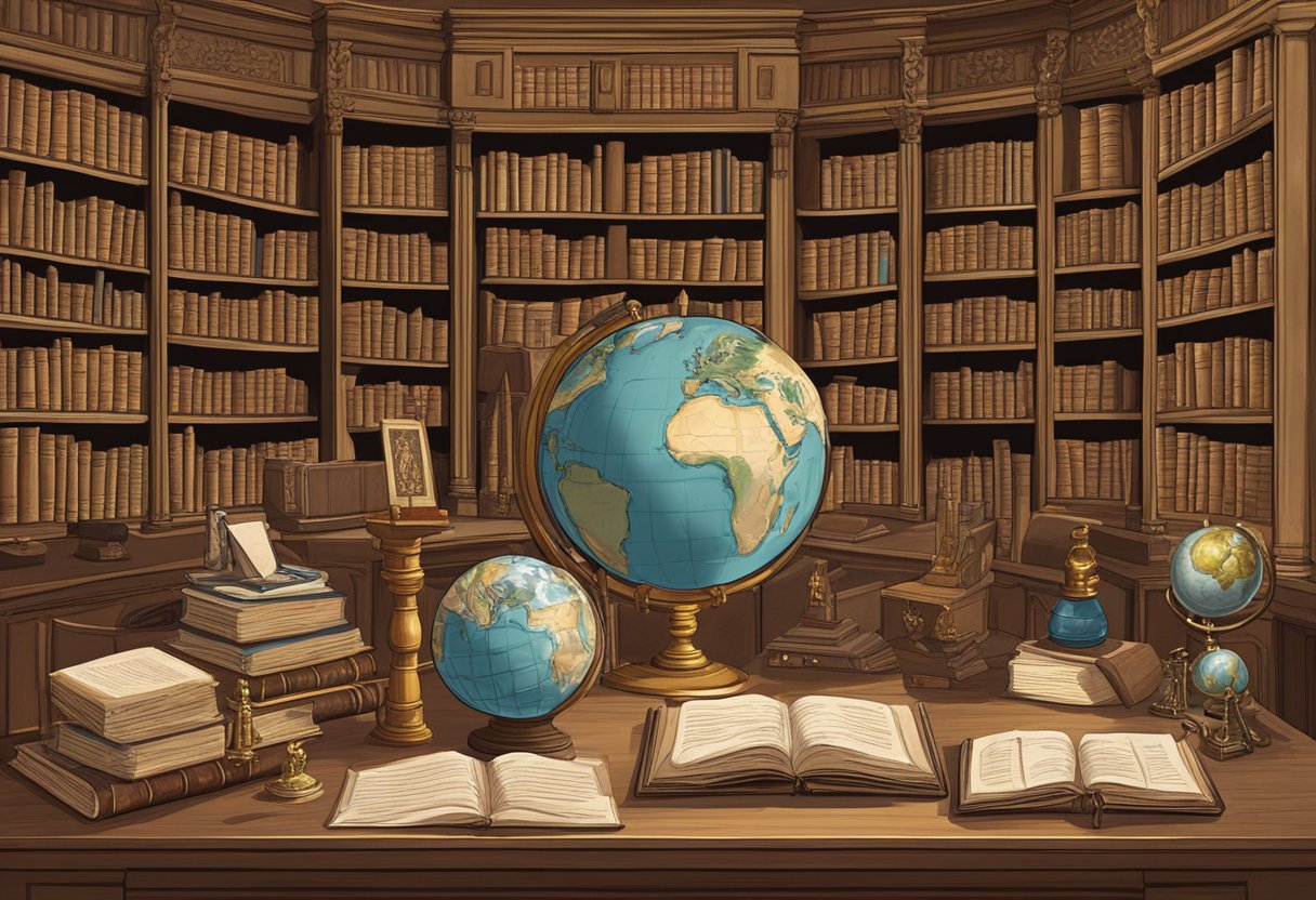 A library with ancient scrolls and books, a globe, and a quill pen on a desk, surrounded by portraits of famous historical figures