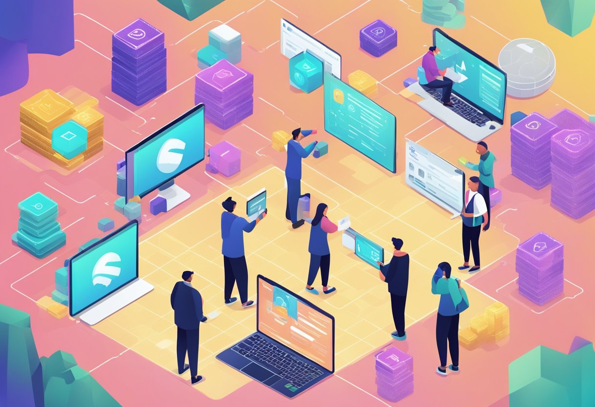 People exchanging digital assets using blockchain. Tokens, ledgers, and smart contracts are visible